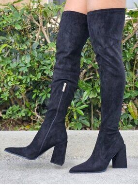 Women's Black Over The Knee pointed Chunky Block Heel Boots (Size 8)